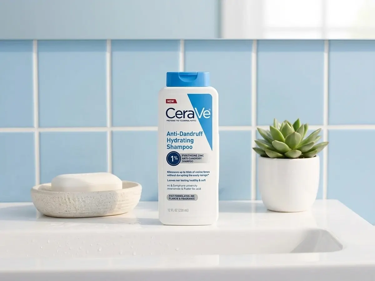 Soothe Your Scalp with a FREE CeraVe Shampoo Sample, product on bathroom vanity by window