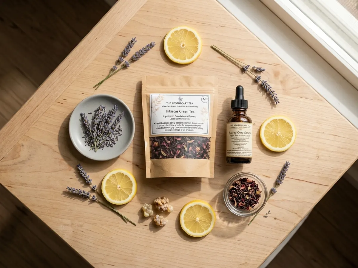Free Beverage Alert: FREE Tea Samples from The Apothecary Tea, overhead flat lay with citrus and botanicals