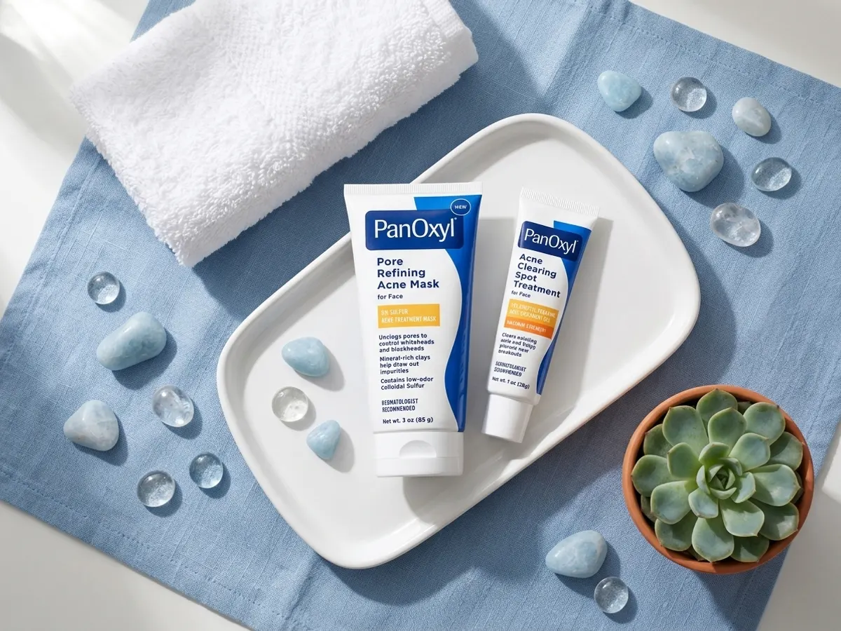 Try PanOxyl Acne Care FREE, Choose a Mask or Spot Treatment, overhead flat lay with towel and plant