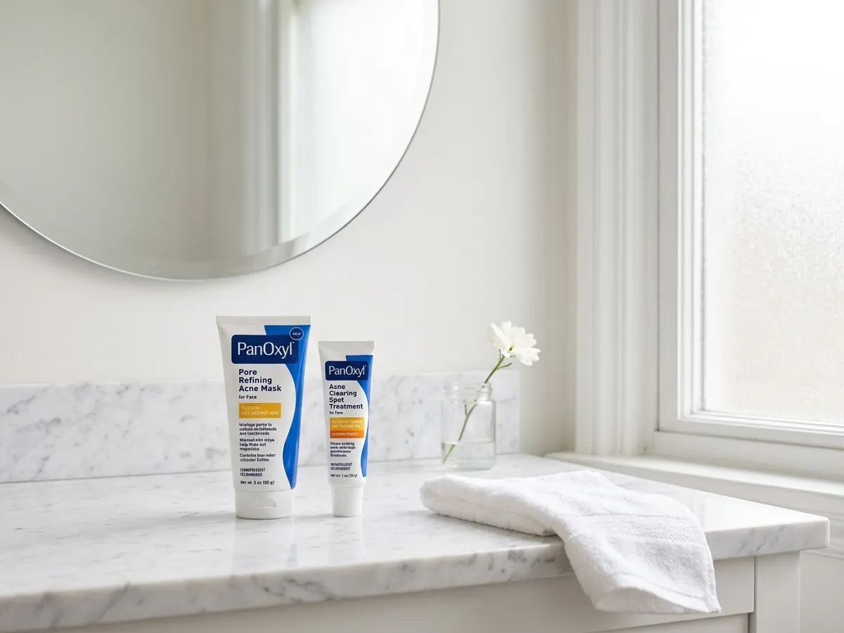 Try PanOxyl Acne Care FREE, Choose a Mask or Spot Treatment, product displayed on bright bathroom vanity
