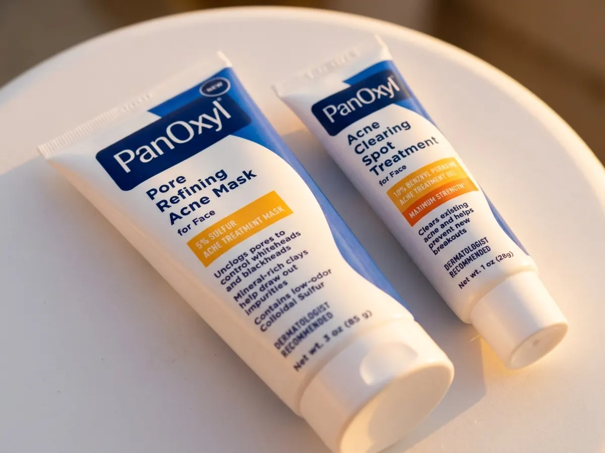 Try PanOxyl Acne Care FREE, Choose a Mask or Spot Treatment, close up packaging details with soft lighting