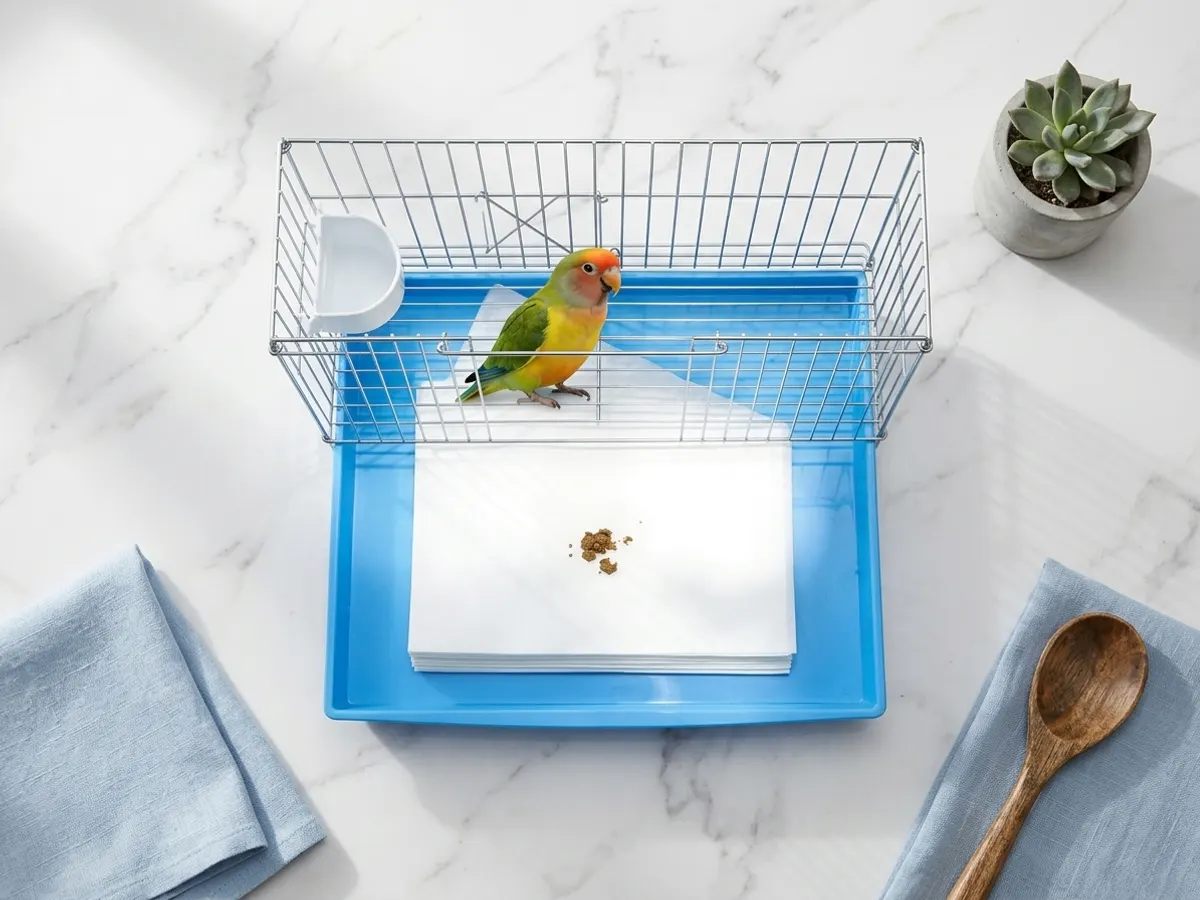 Bird Owners: Get FREE Cage Liner Samples, overhead flat lay on marble surface
