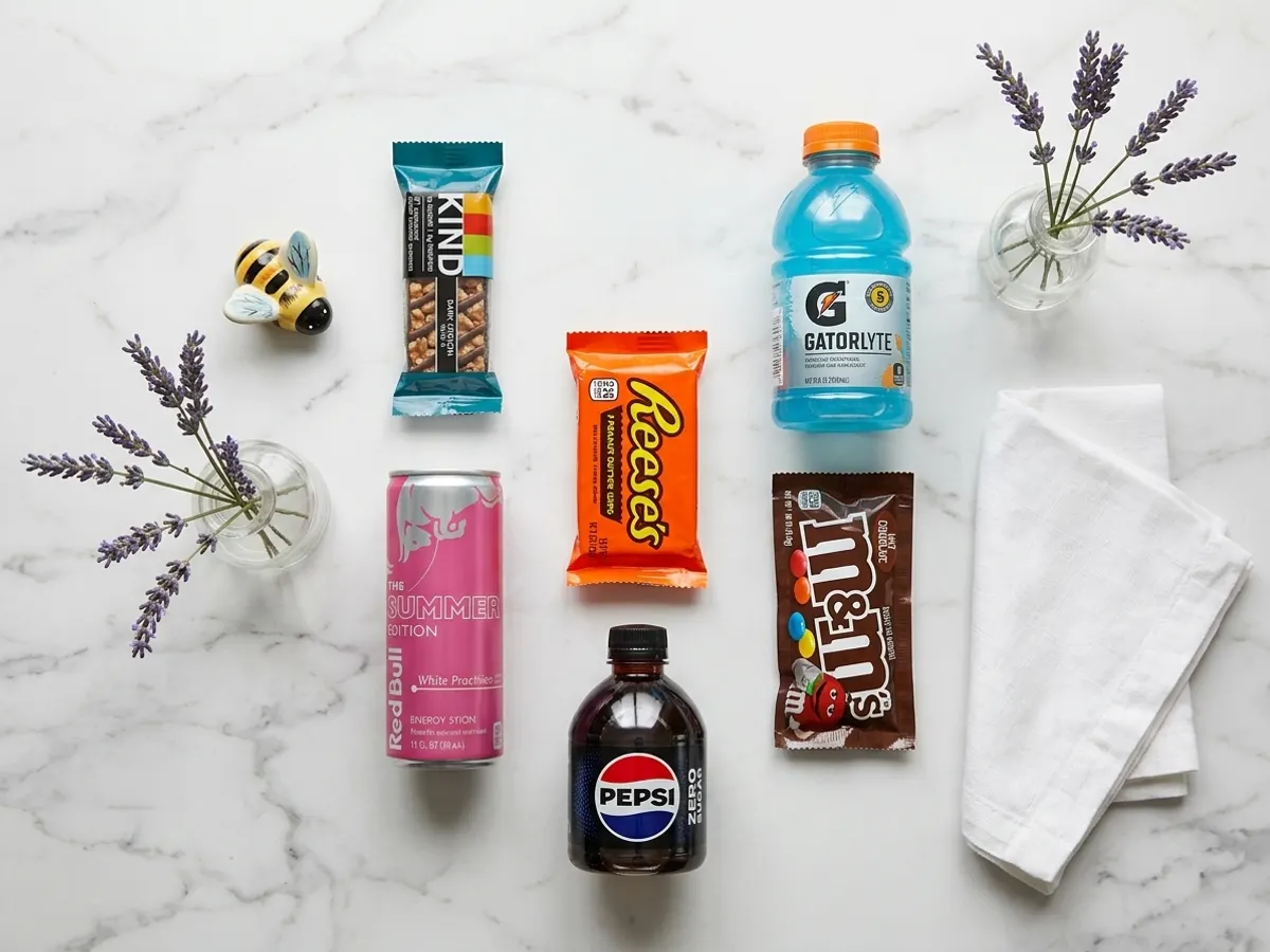 Make Wednesdays Sweeter with a FREE Bee’s Knees Treat, overhead flat lay with bee and lavender accents