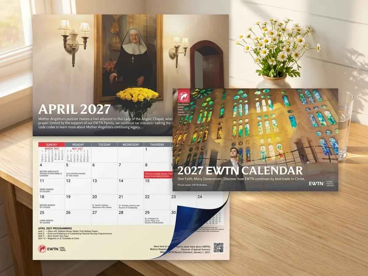 Plan Your Year with a FREE 2027 EWTN Family Calendar, calendar propped on kitchen desk