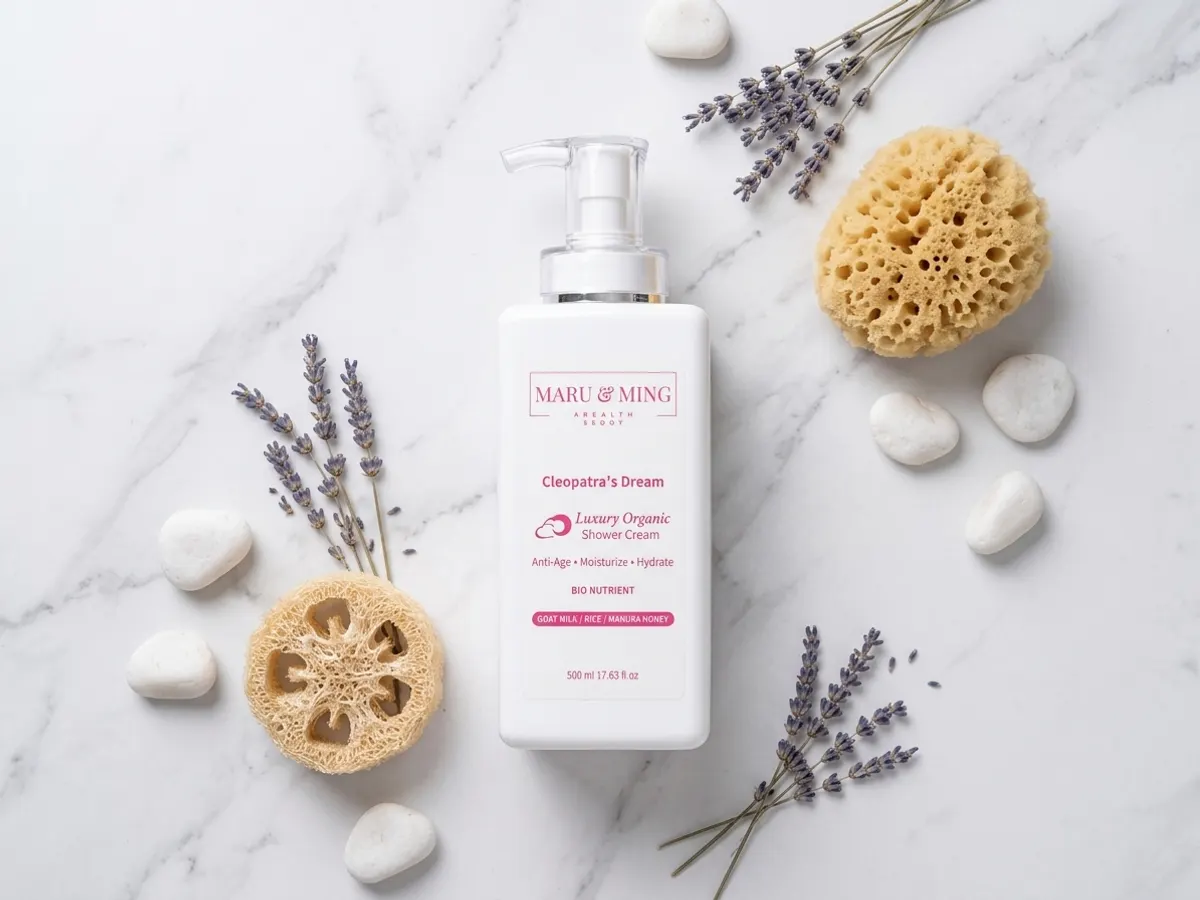 Discover Cleopatra’s Dream Body Wash with a FREE Sample, luxurious bath essentials arranged overhead