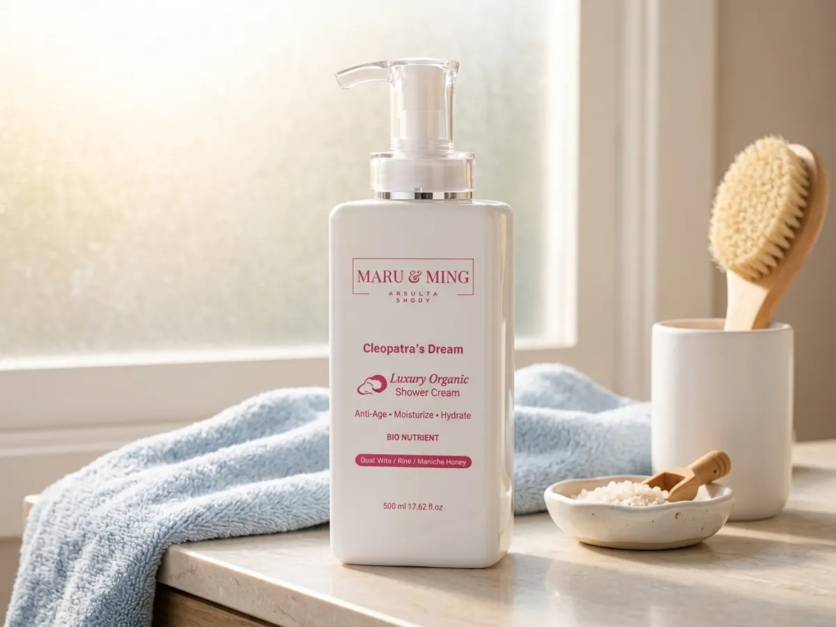 Discover Cleopatra’s Dream Body Wash with a FREE Sample, product displayed on bright bathroom vanity
