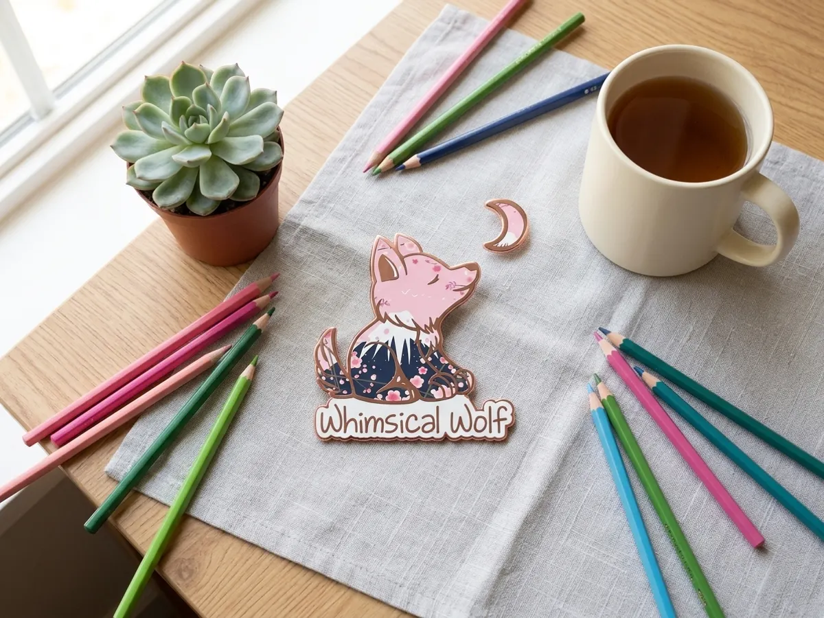 Wolf Lovers: Get a FREE Whimsical Wolf Sticker, sticker displayed on light wooden desk