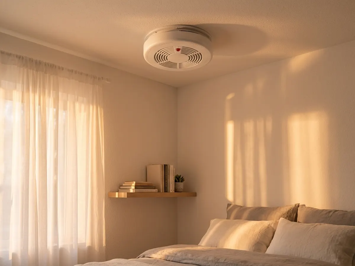 FREE Home Fire Safety Check & Smoke Alarm Installation, mounted in bedroom corner with natural light
