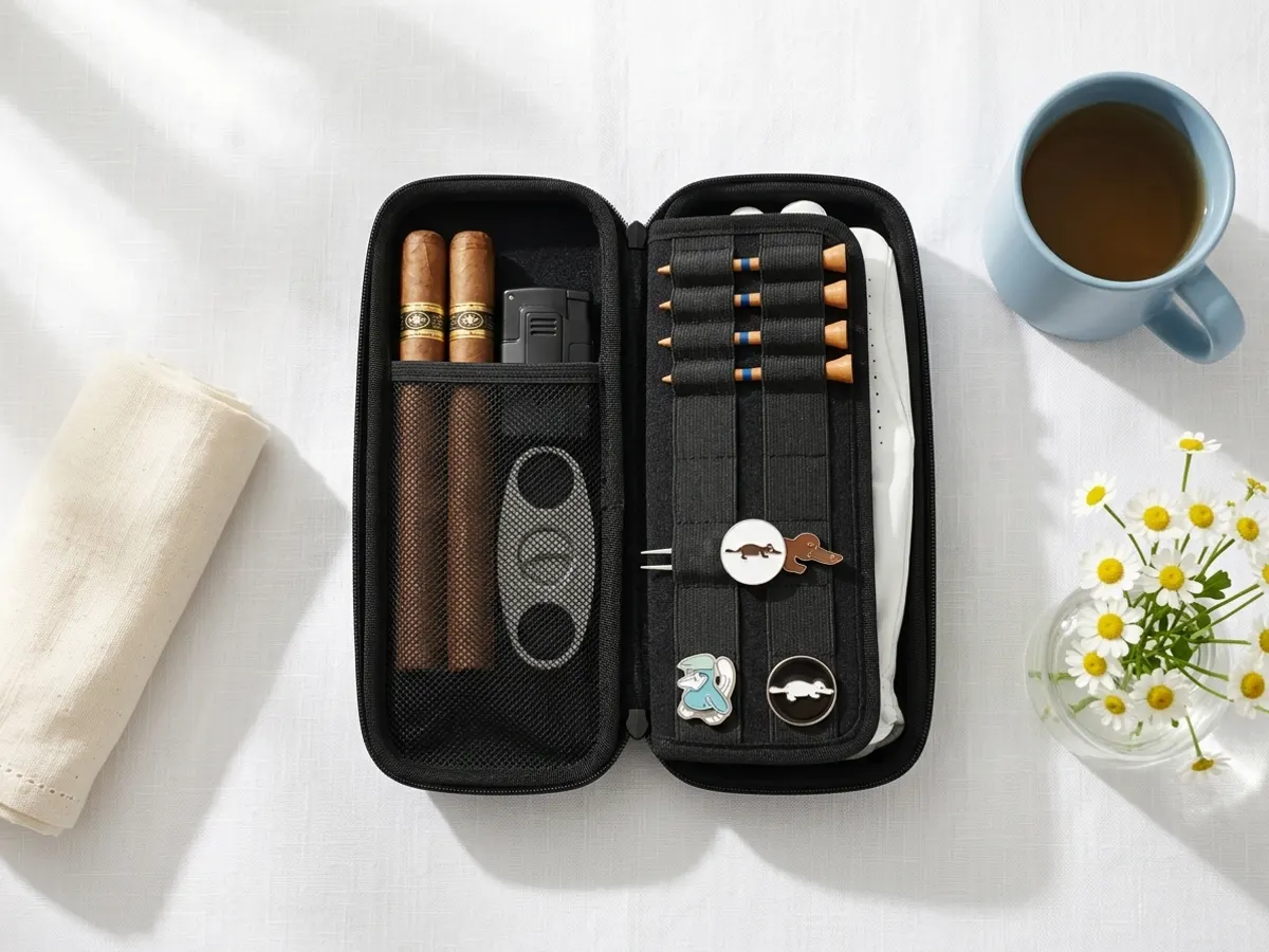 Request a FREE Platypus Golf Caddie Case Production Sample, overhead flat-lay with flowers and mug