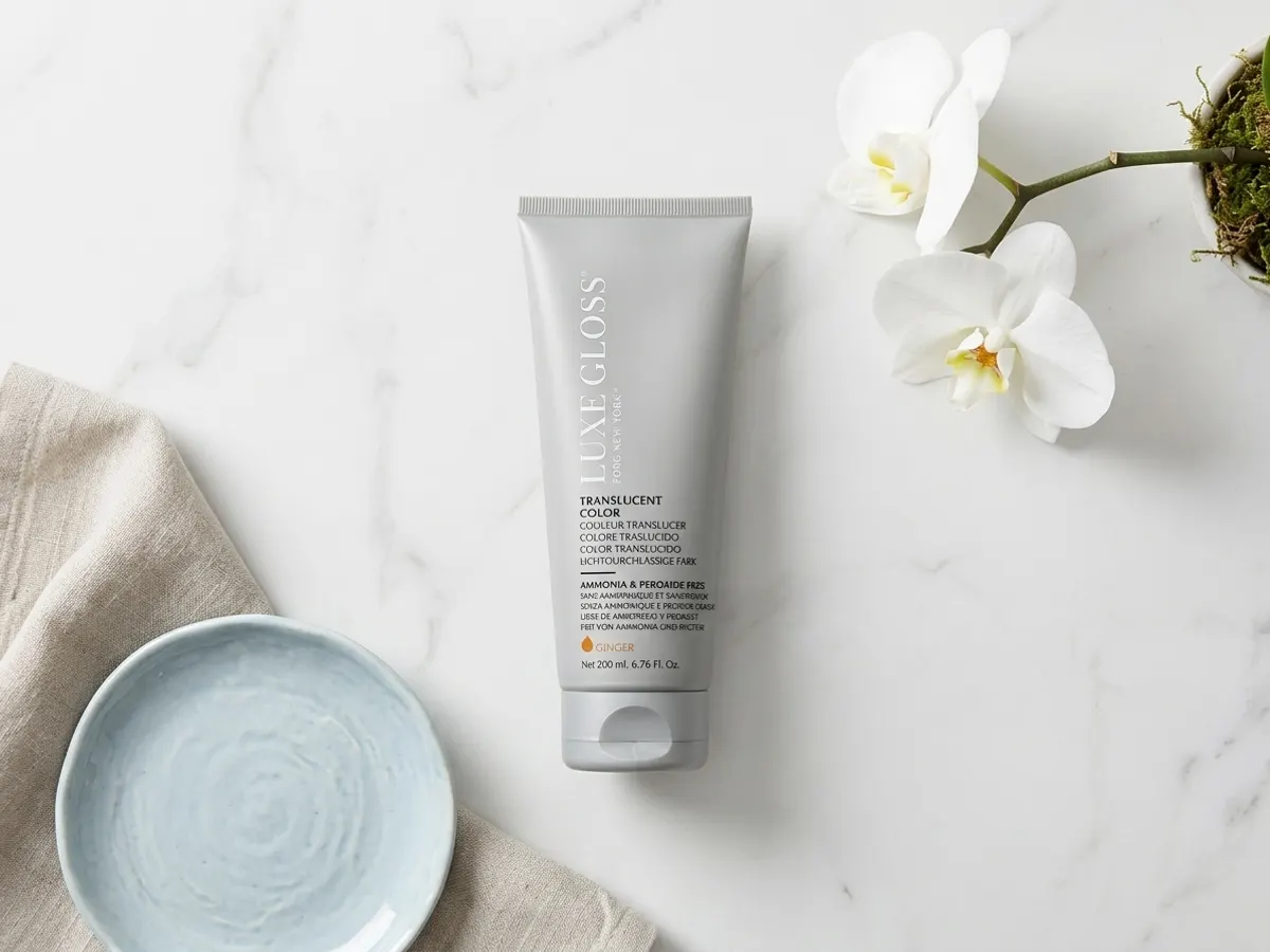 Claim a FREE ECRU New York Luxe Hair Gloss Sample, luxury hair care on marble surface