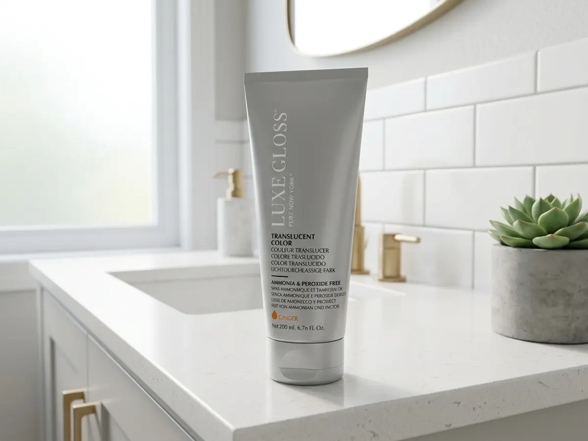 Claim a FREE ECRU New York Luxe Hair Gloss Sample, product displayed on bathroom vanity