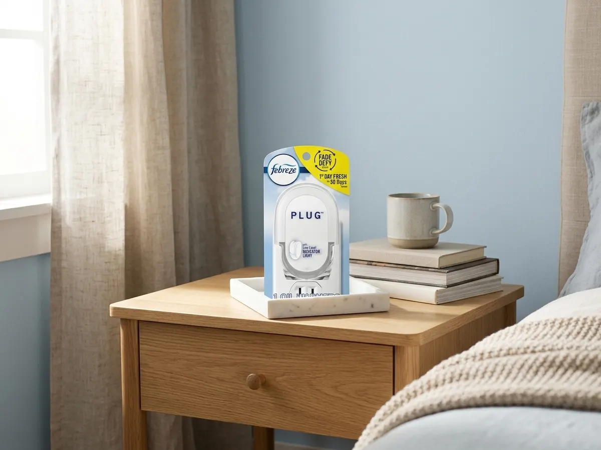 Grab a FREE Febreze Plug-In with a Walgreens Coupon, product displayed on bedroom nightstand