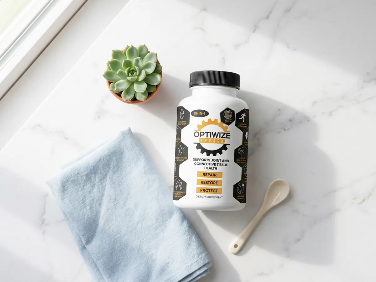 OptiWize Is Giving Away FREE Full-Size Supplements, flat lay on marble with succulent and spoon