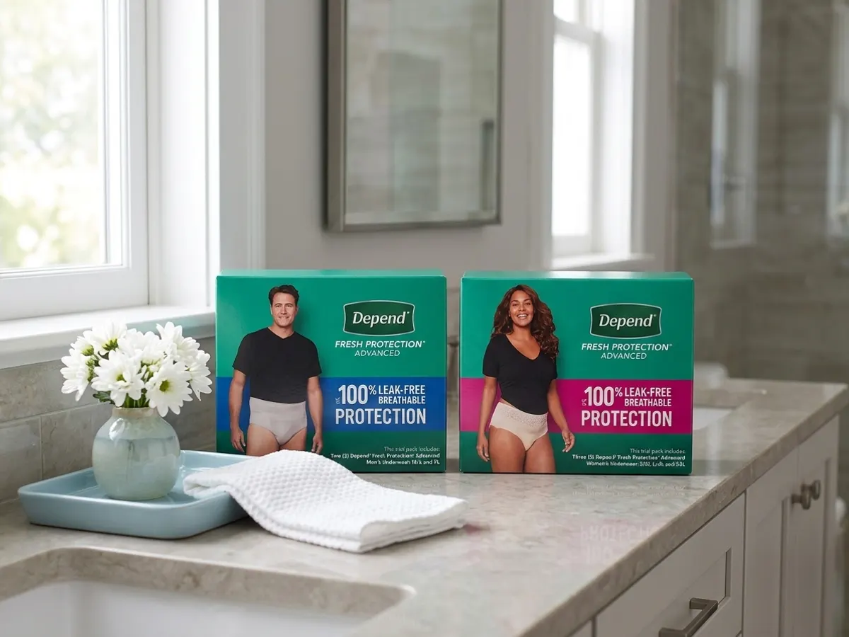 Claim a FREE Depend Fresh Protection Advanced Trial Kit, bathroom vanity with flowers and tray