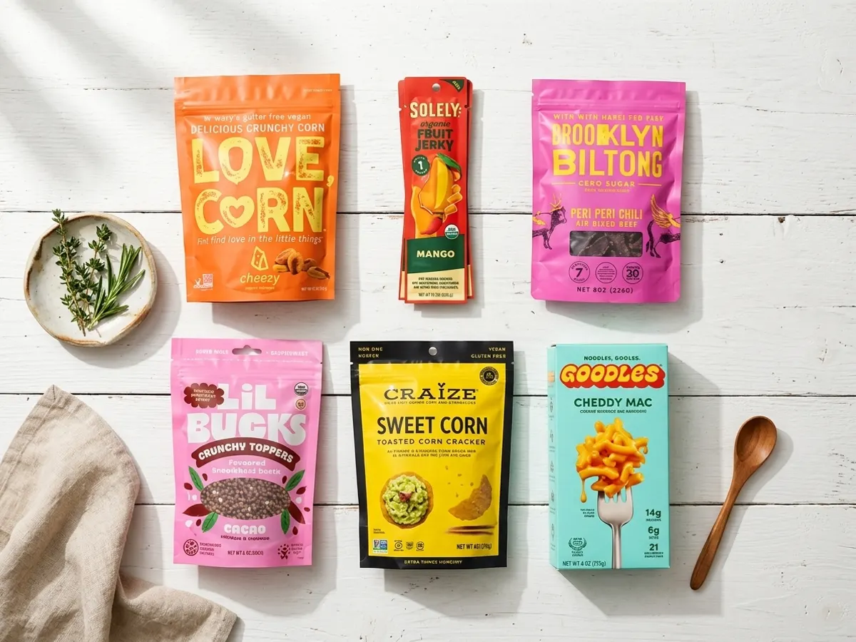 Try FREE Full-Size Snacks with TasteBud, overhead flat lay on white wooden surface