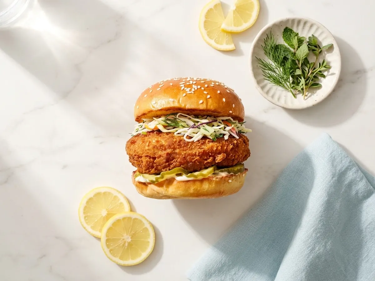 Claim a FREE Real Good Breaded Chicken Coupon, overhead flat lay with fresh citrus and herbs