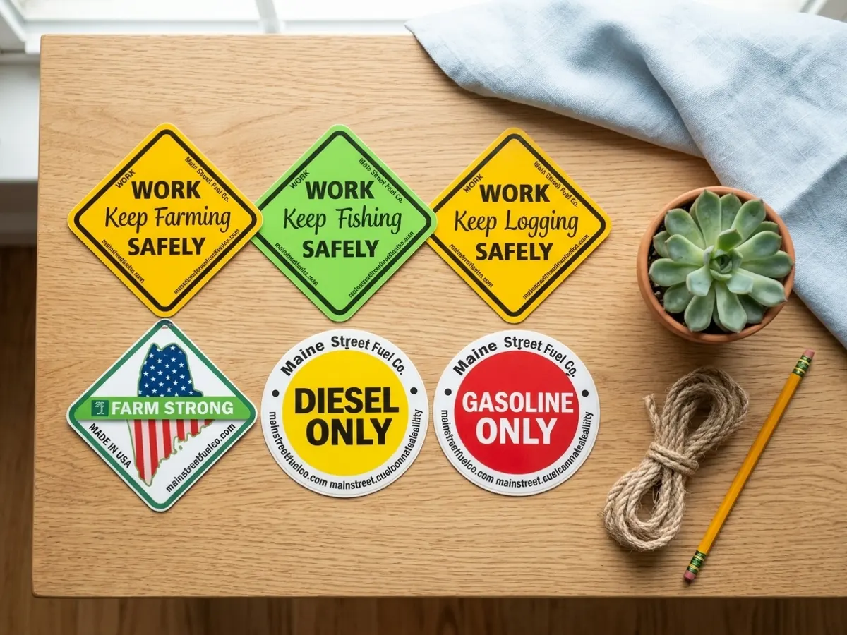 Protect Your Equipment with FREE Safety Stickers, flat lay on wooden surface with greenery