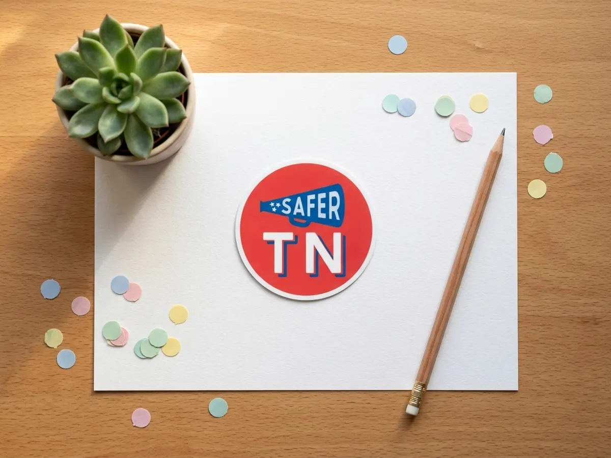 FREE Safer Tennessee Sticker, Request Yours Today, sticker flat-lay with plant and confetti