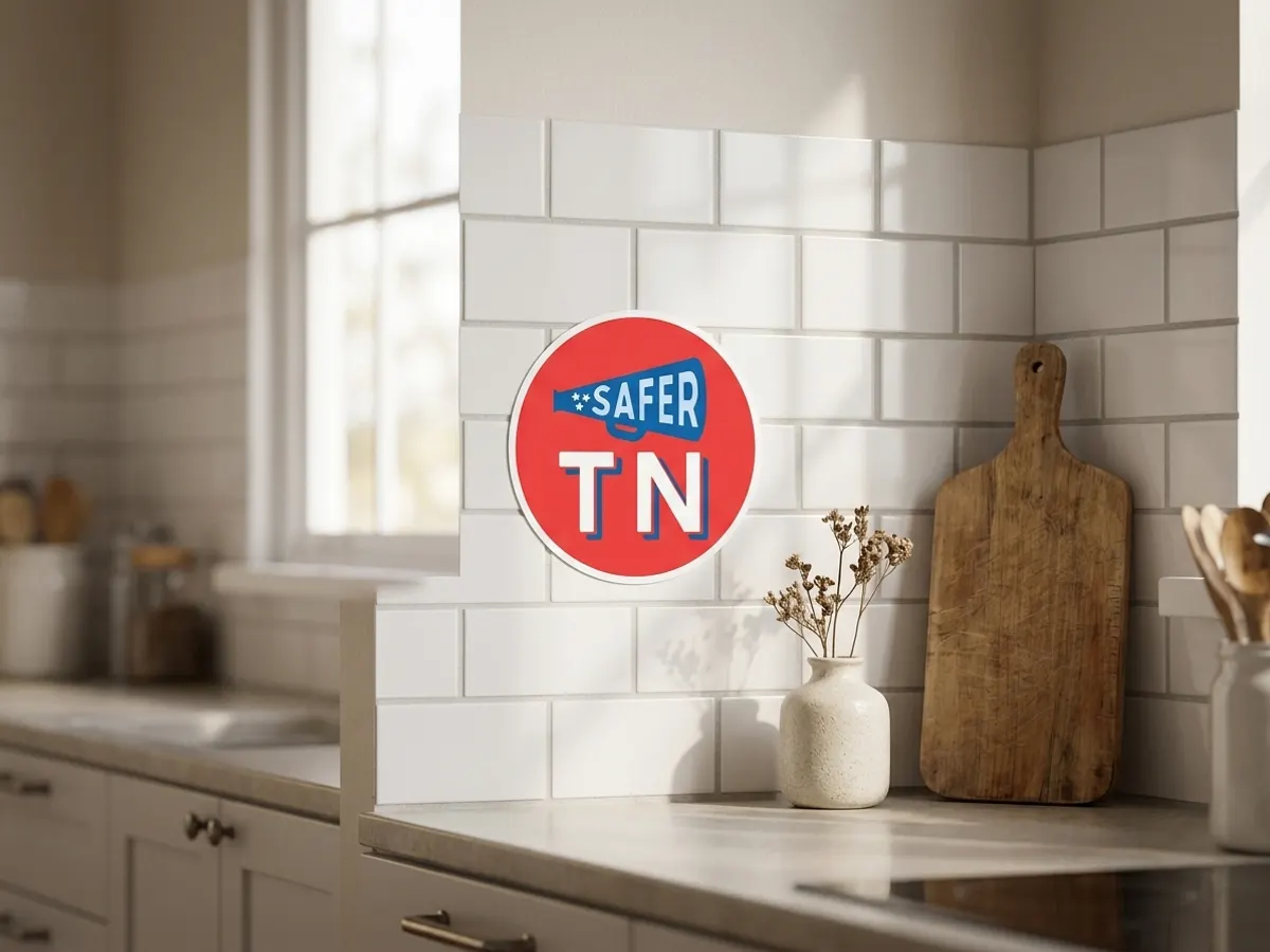 FREE Safer Tennessee Sticker, Request Yours Today, sticker displayed in bright kitchen