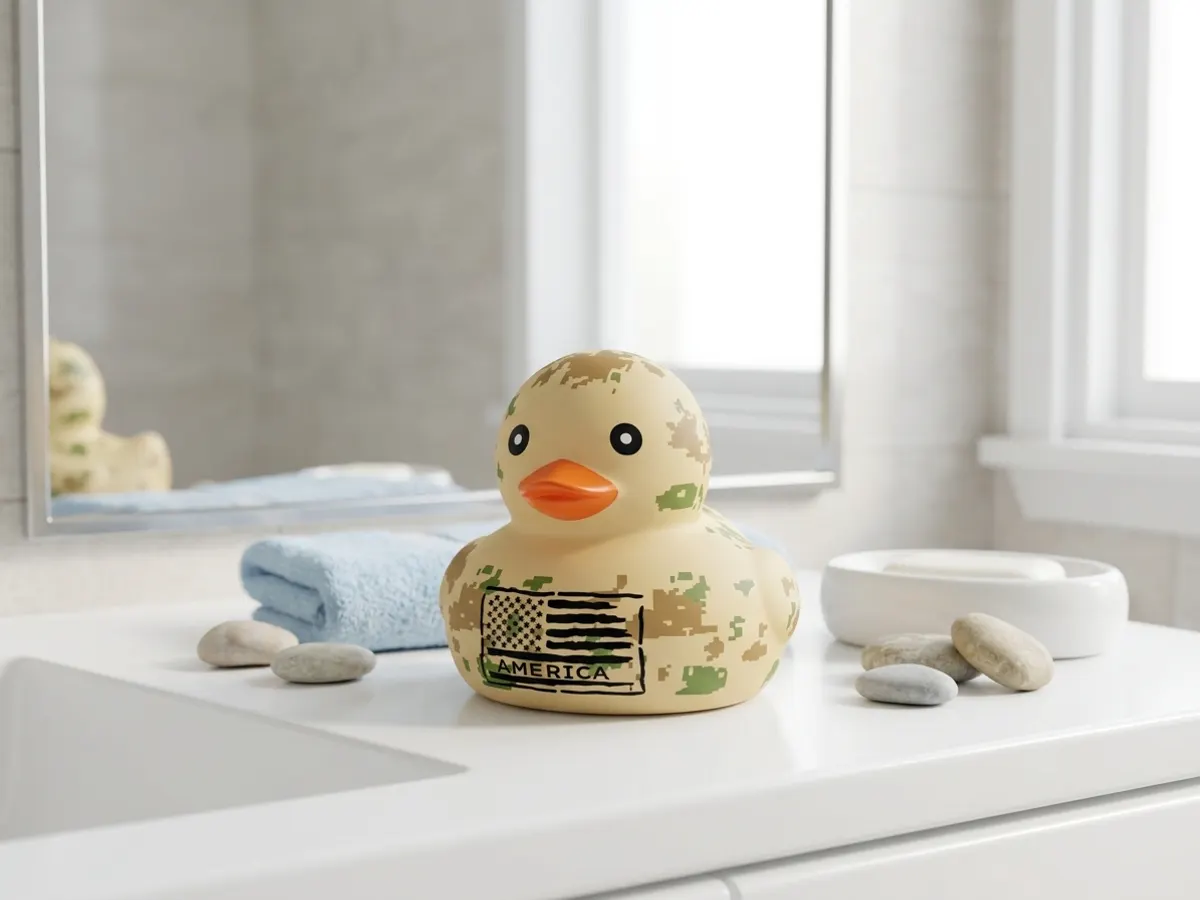 Don’t Miss This FREE Limited Edition Patriot Duck, product displayed on bright bathroom vanity