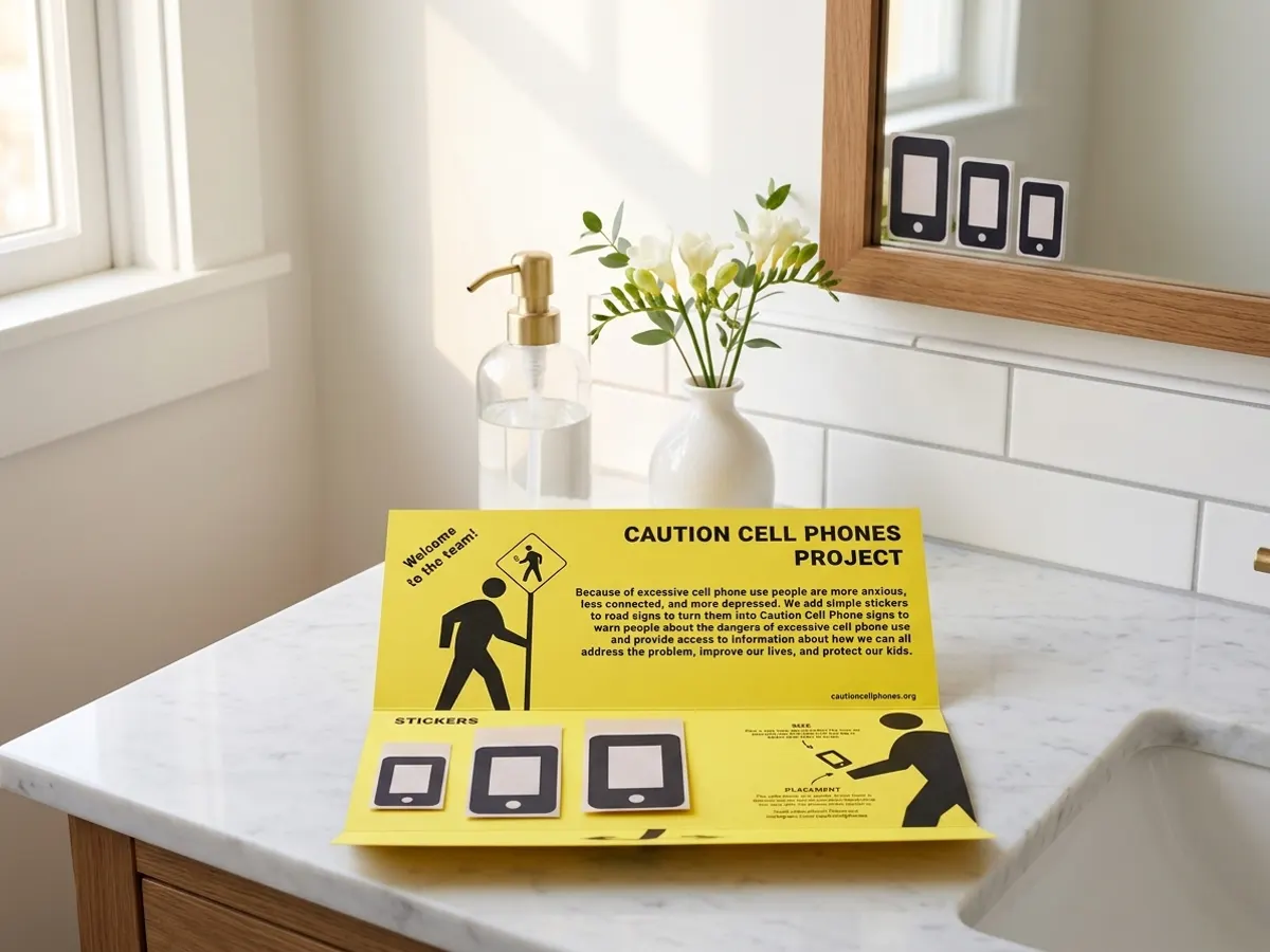 Spread Awareness with a FREE Caution Cell Phones Sticker Kit, stickers displayed in bright bathroom space