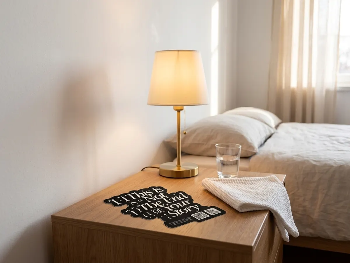 FREE Crisis Prevention Sticker Pack, stickers placed on bedroom nightstand surface