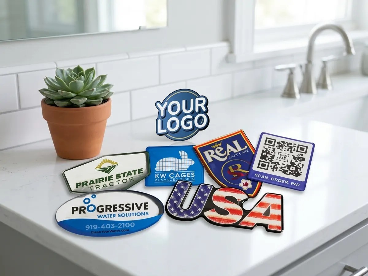 Discover DomeTag with a FREE Domed Label Sample Pack, product displayed on bathroom vanity