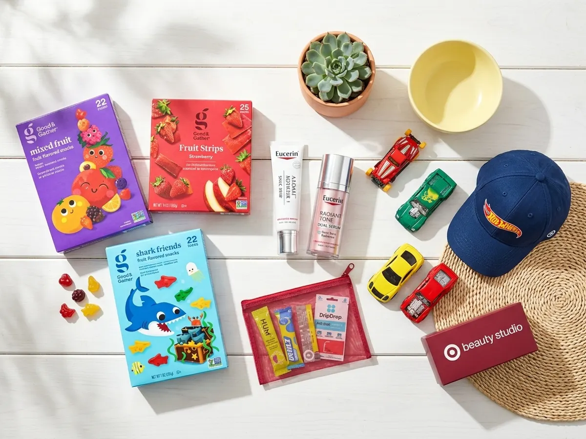 Score FREE Fruit Snacks, Eucerin Samples & Hot Wheels at Target, flat lay with playful props and daylight