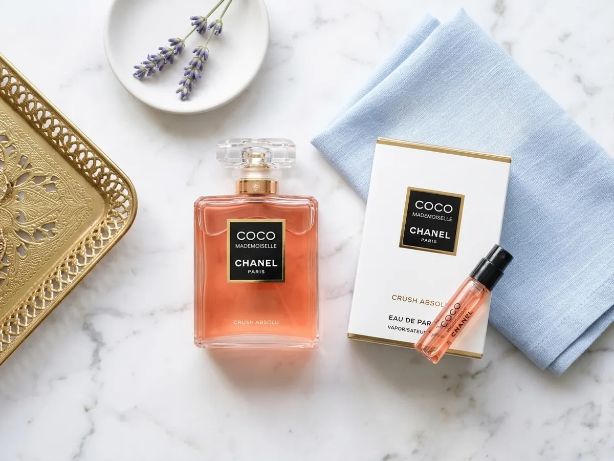 Discover CHANEL Coco Mademoiselle Crush Absolu with a FREE Sample, luxe flat lay with florals and gold accents
