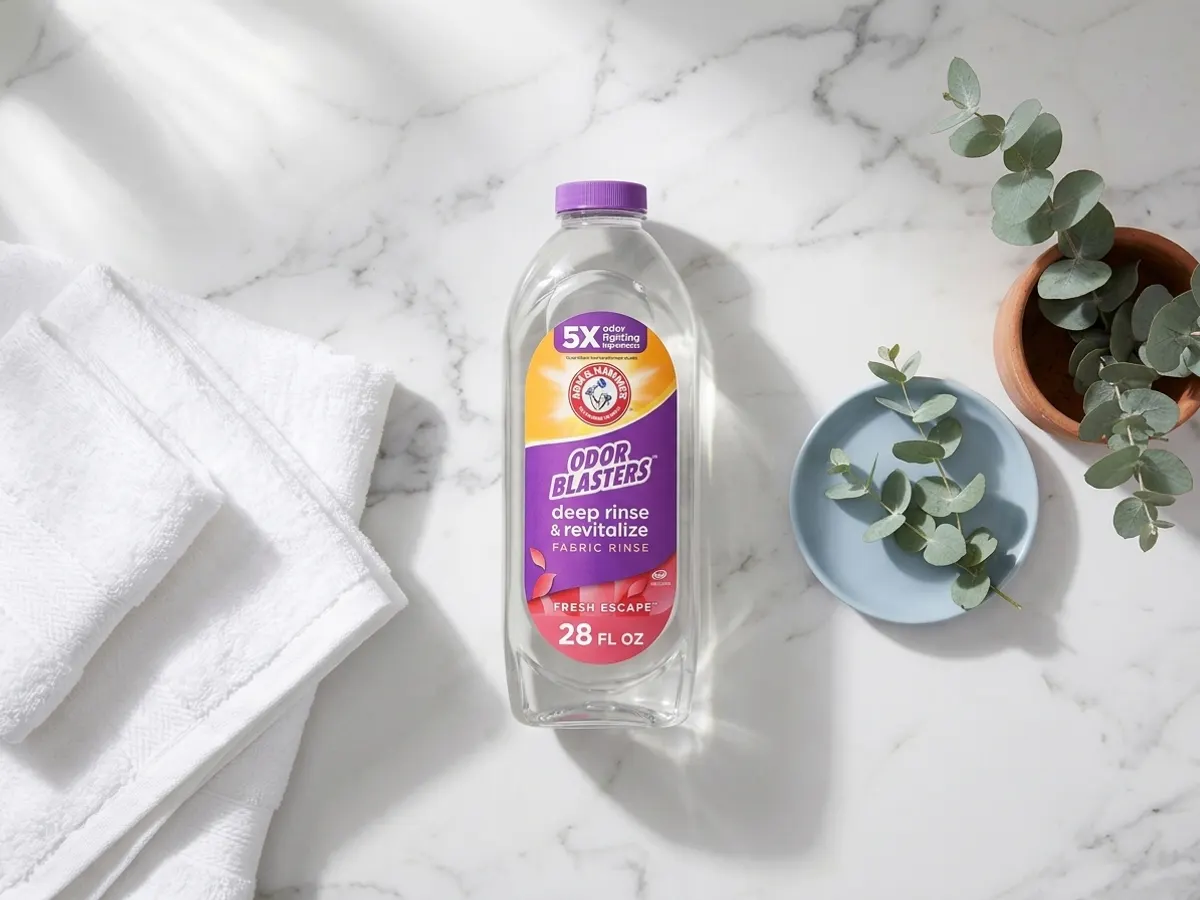 Freshen Your Laundry with FREE ARM & HAMMER Fabric Rinse, flat lay with fresh linens and greenery