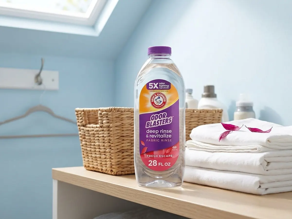 Freshen Your Laundry with FREE ARM & HAMMER Fabric Rinse, styled on shelf in laundry room