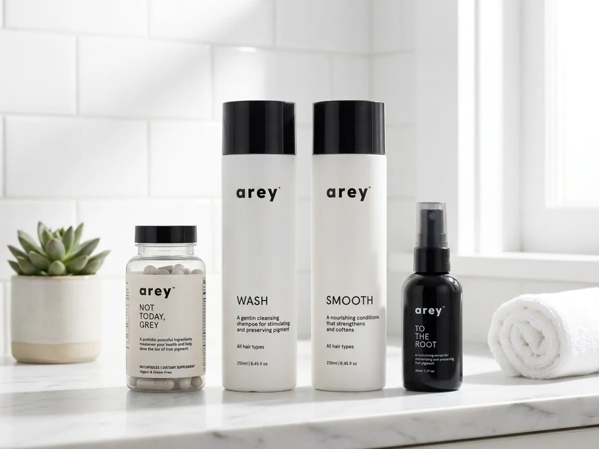 Get a FREE 3-Month Supply from Arey, product displayed on bathroom vanity