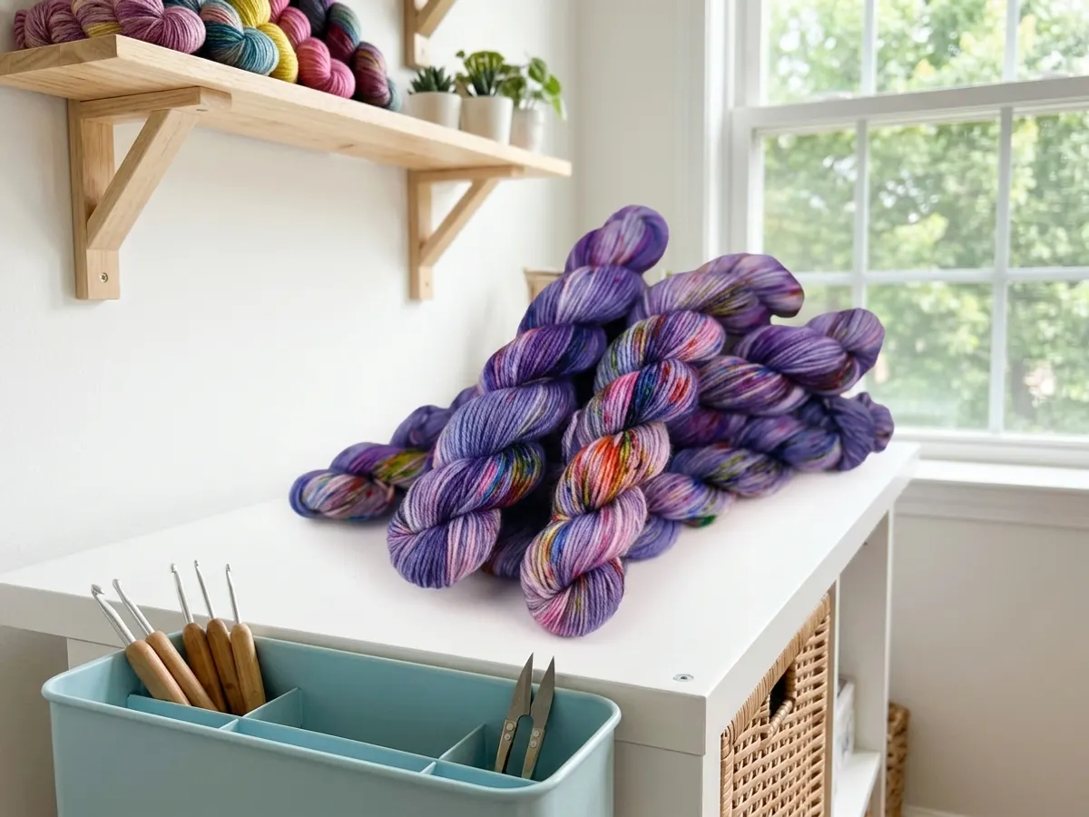 Claim a FREE Bad Sheep Yarn Birthday Mini, yarn displayed in creative workspace