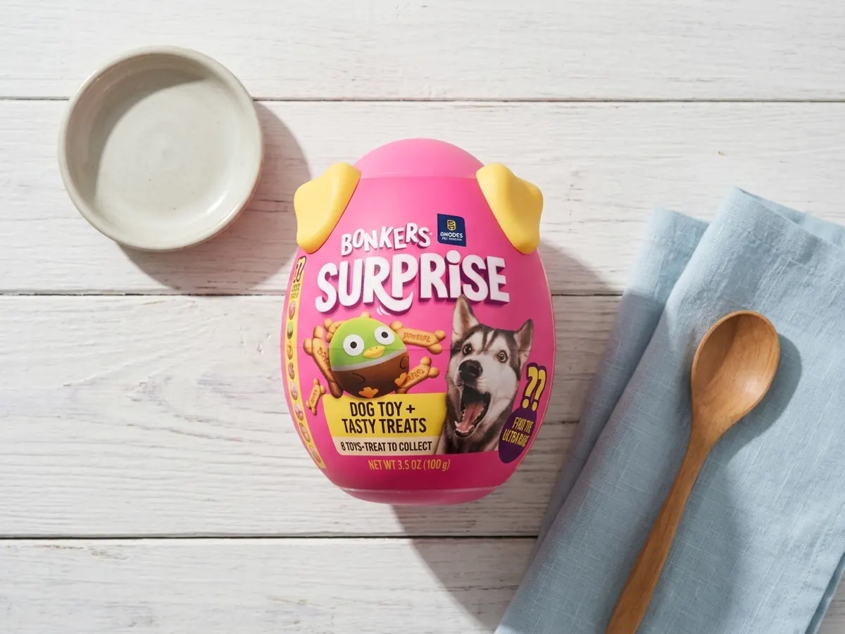 Score FREE BONKERS Surprise Treats & a Dog Toy, treats and toy arranged on styled surface