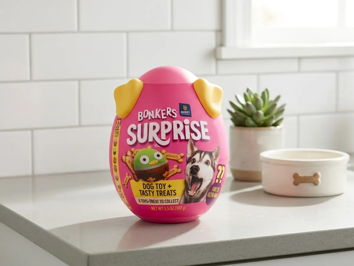 Score FREE BONKERS Surprise Treats & a Dog Toy, product displayed on kitchen counter
