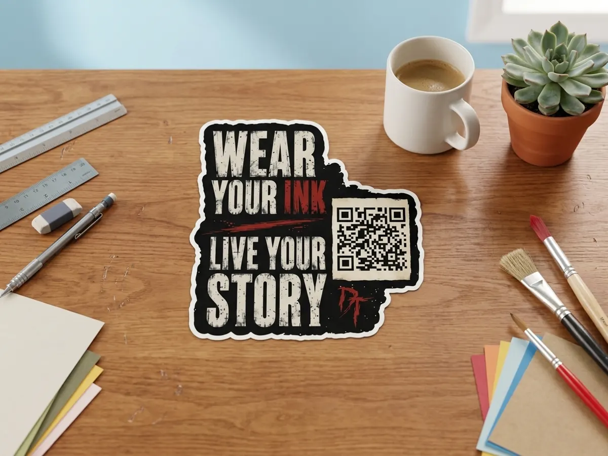 Grab a FREE Desolate Threads Sticker, overhead flat lay on wooden desk