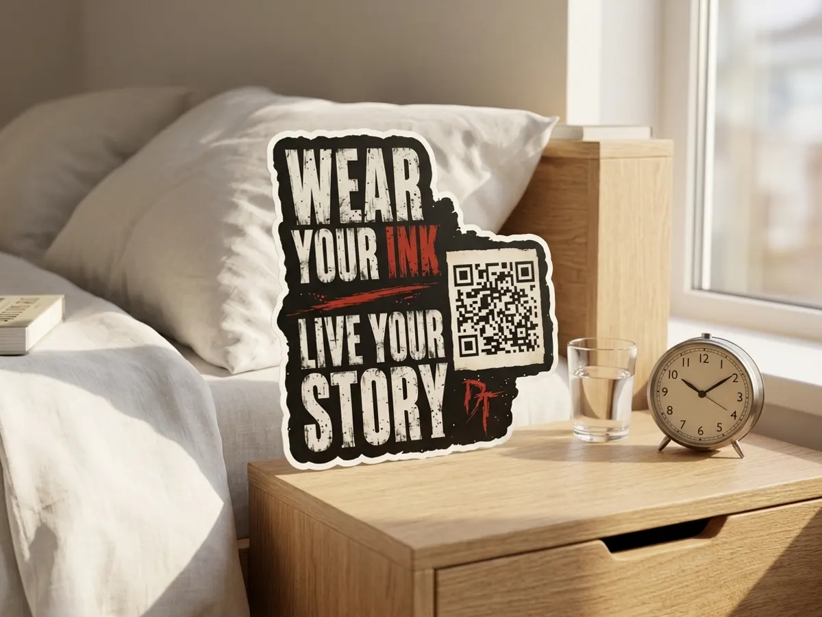Grab a FREE Desolate Threads Sticker, product displayed on bedroom nightstand