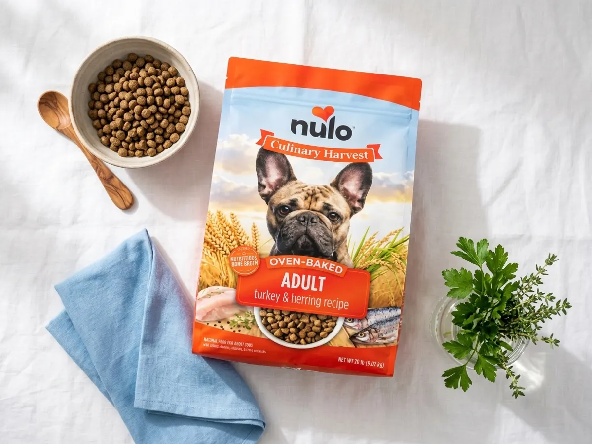 Try Nulo Culinary Harvest Dog Food for FREE, overhead flat-lay with complementary styling