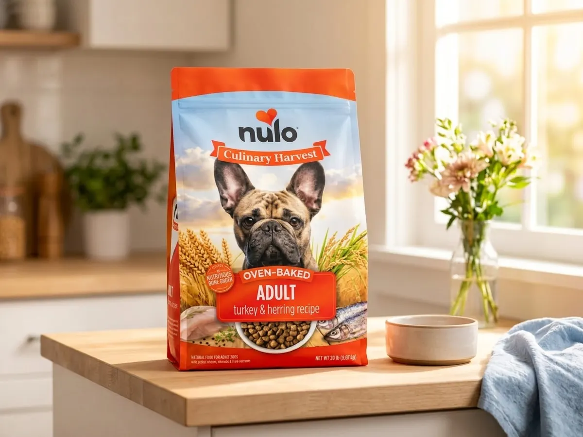 Try Nulo Culinary Harvest Dog Food for FREE, product placed on bright kitchen counter