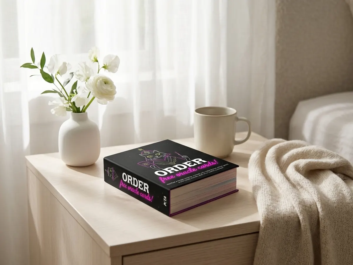 Claim FREE Oracle Cards, Stickers & More, wellness objects arranged on bedroom nightstand