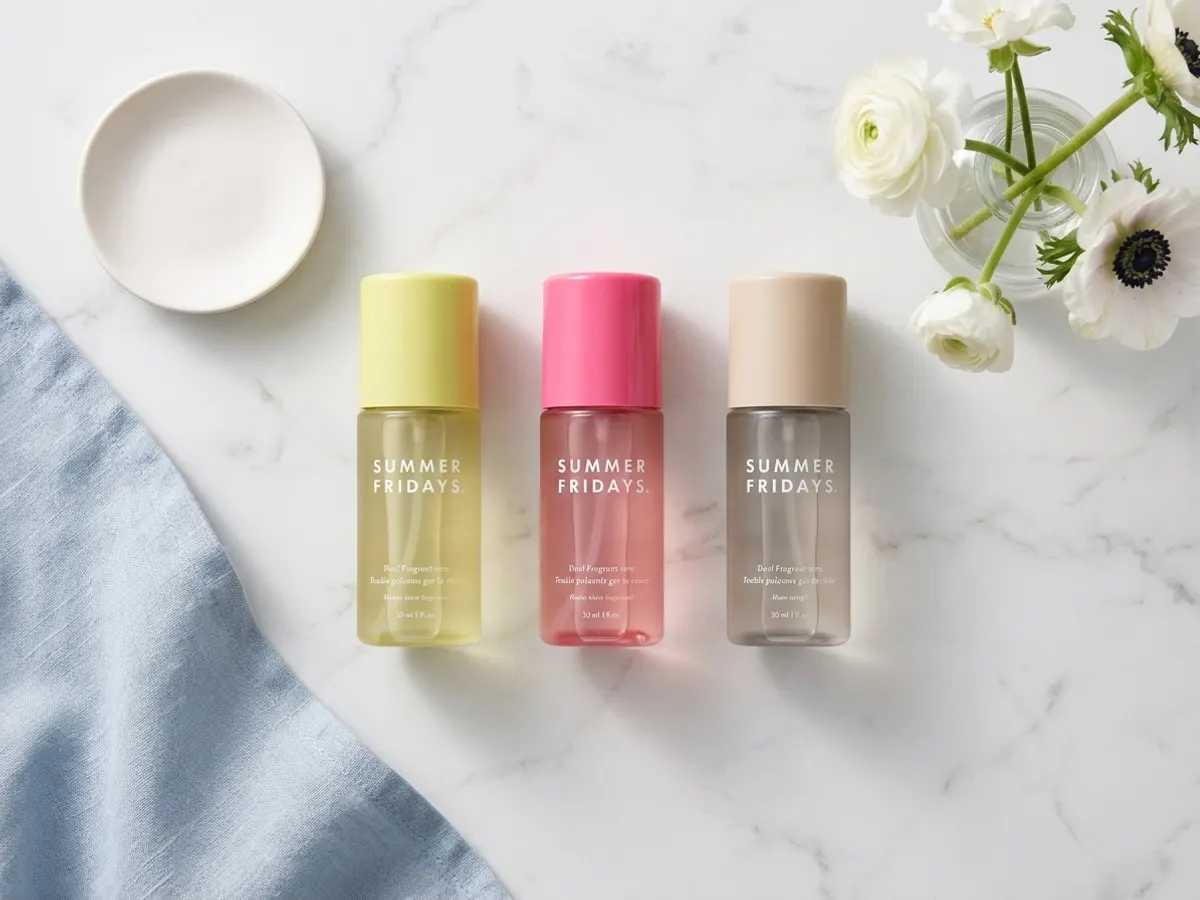 Get Summer Fridays Body Fragrance Mist FREE After Cashback, overhead flat lay with marble and florals