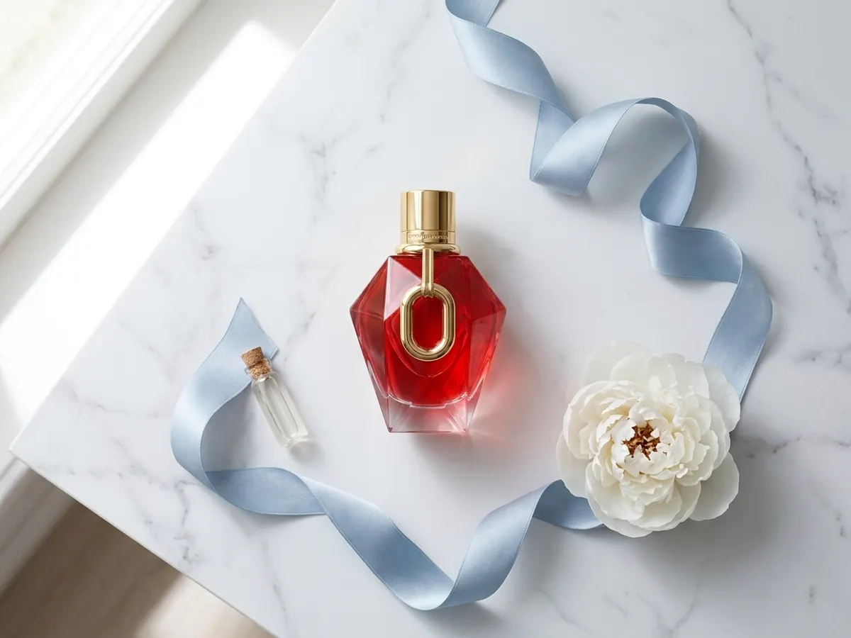 Try Rabanne Million Red for Her for FREE, luxe fragrance flat lay with florals