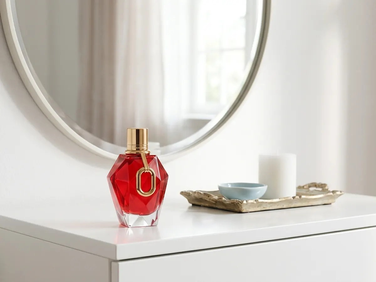 Try Rabanne Million Red for Her for FREE, elegant vanity display in bedroom