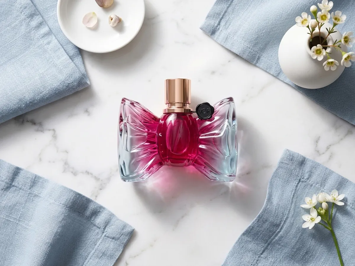 Try Viktor & Rolf Bonbon FREE with a Fragrance Sample, minimalist flat lay with flowers and linens