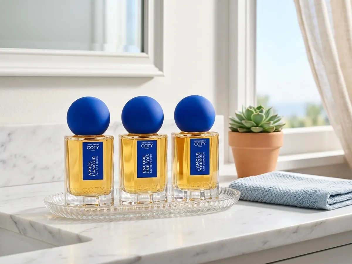 Score a FREE Infiniment Coty Les Osiums Fragrance Sample, sample displayed on sunny bathroom counter