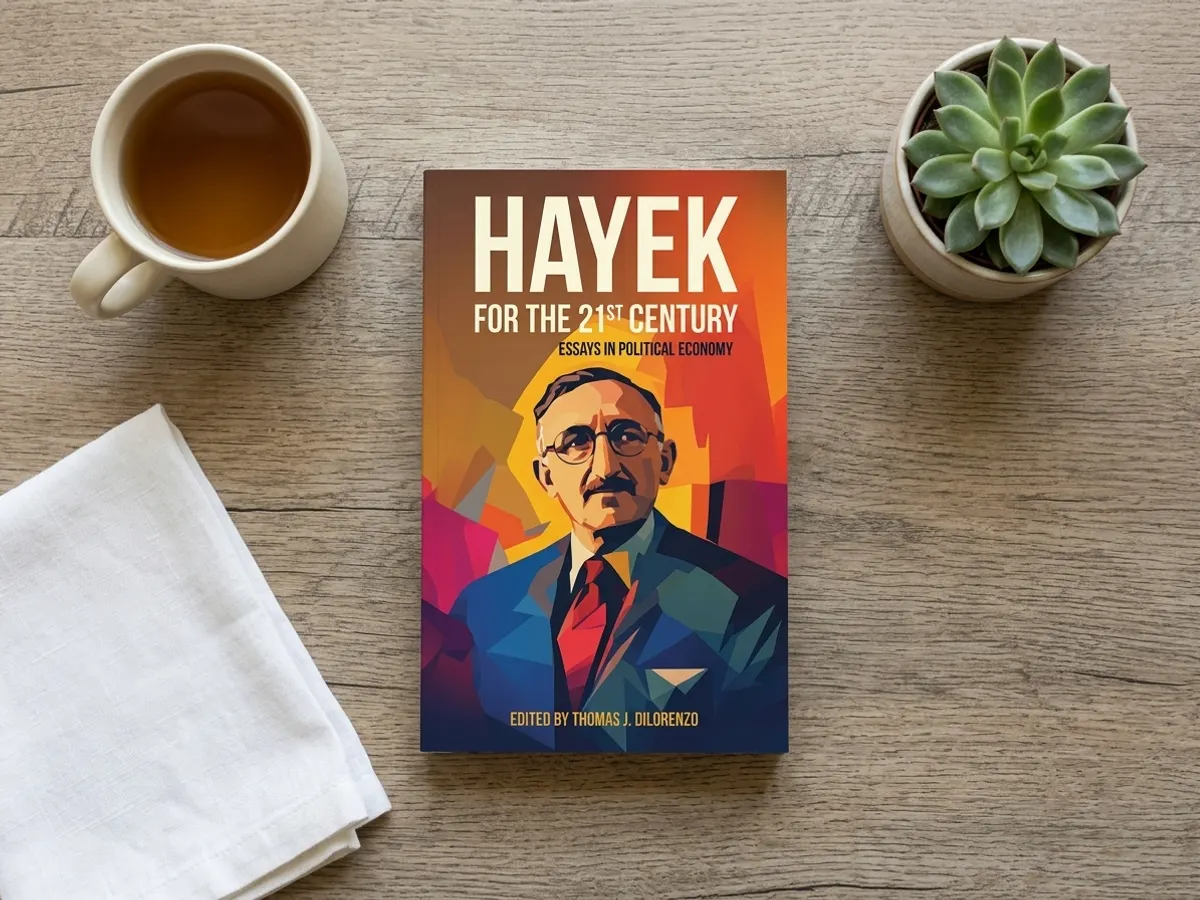 Grab a FREE Hayek for the 21st Century Book, flat lay with plant and mug