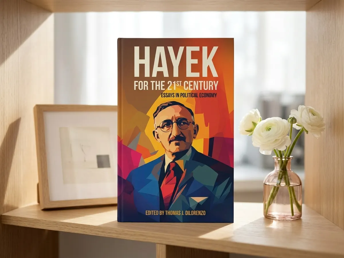Grab a FREE Hayek for the 21st Century Book, displayed on bright office shelf