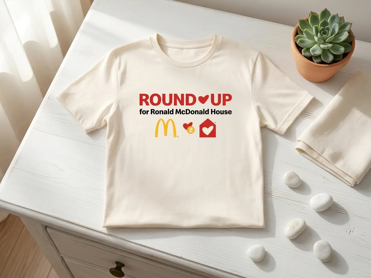 Round Up & Get a FREE Ronald McDonald House T-Shirt in Alabama, flat lay on white dresser with greenery