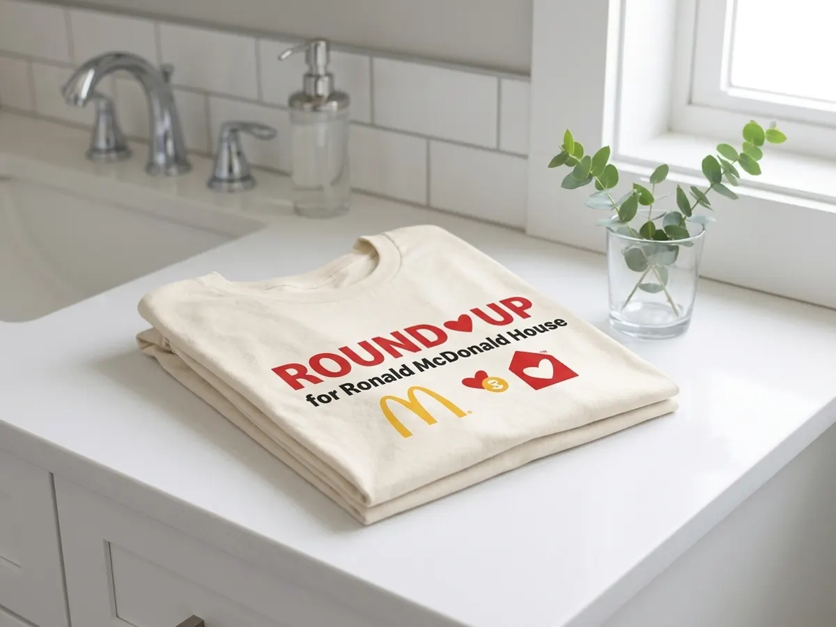 Round Up & Get a FREE Ronald McDonald House T-Shirt in Alabama, product displayed on bathroom counter