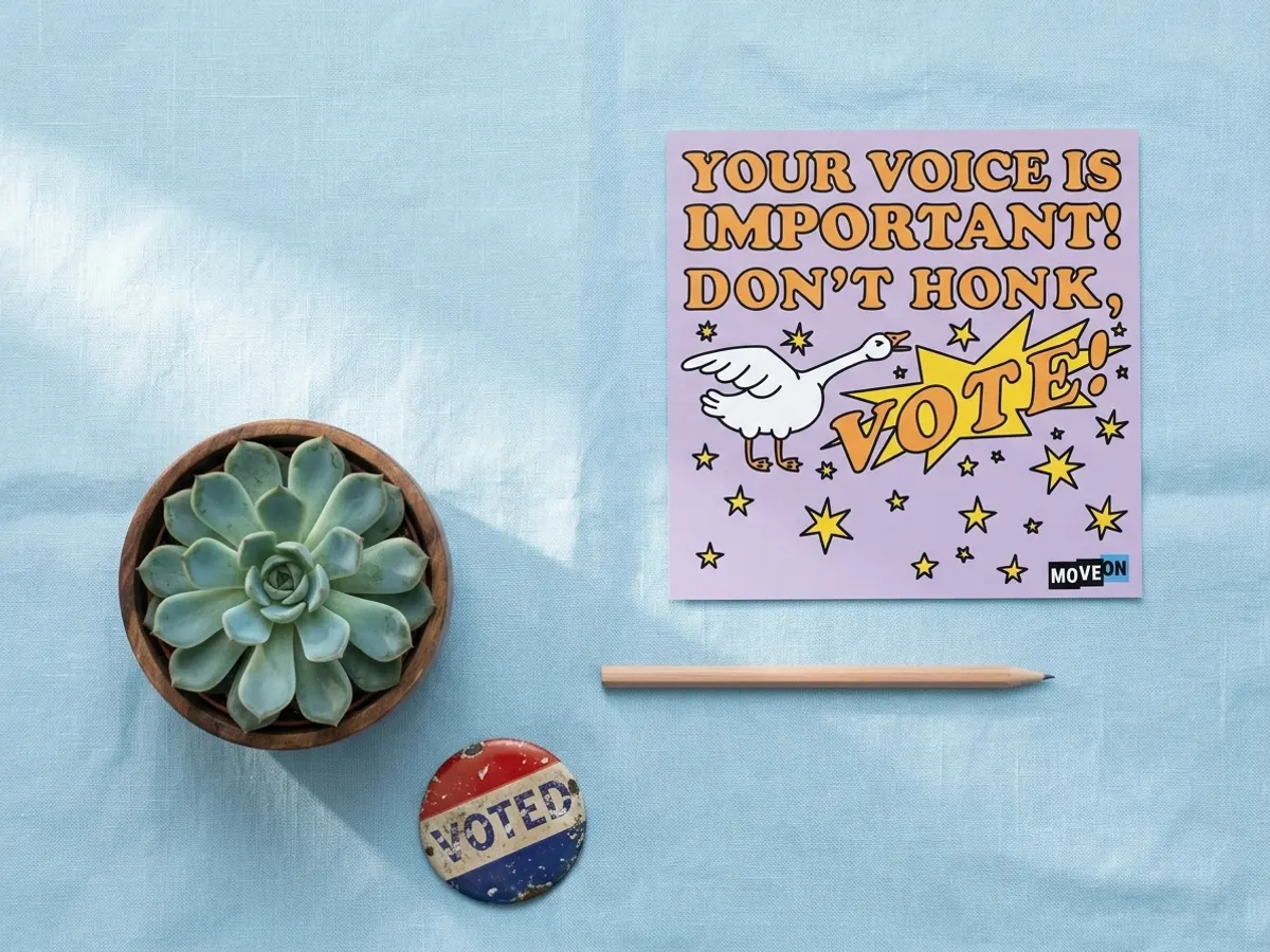 Make a Statement with a FREE “Don’t Honk, Vote!” Bumper Sticker, flat lay with green plant and voting badge